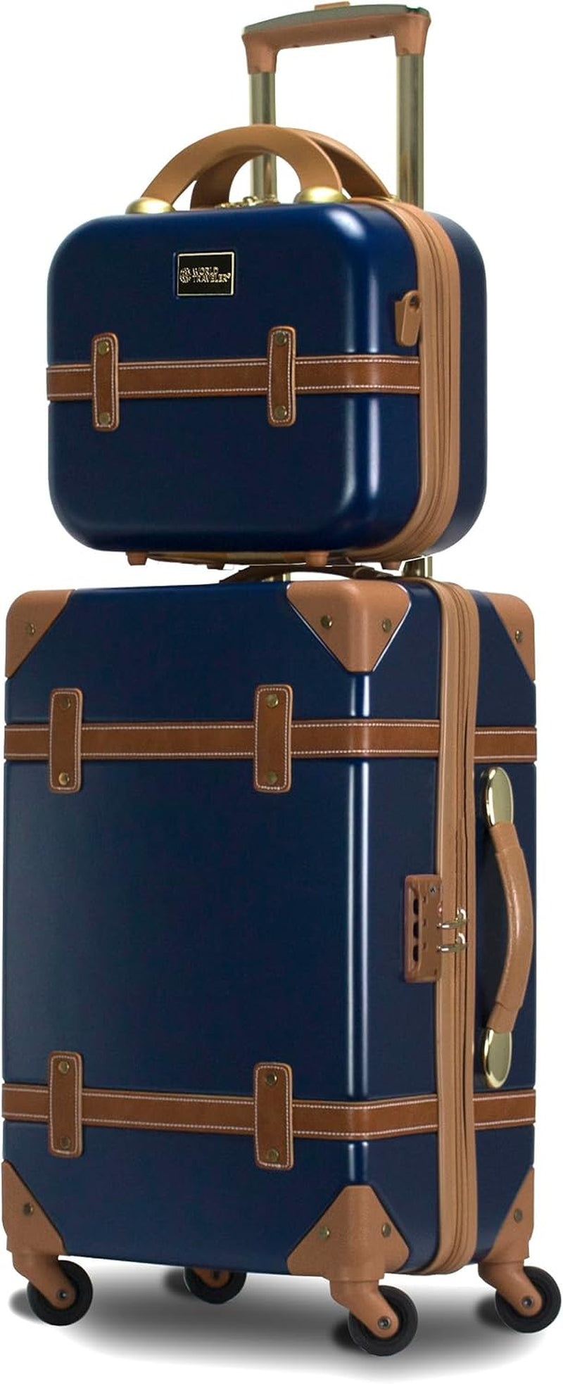 Gatsby Vintage Style 2-Piece Hardside Carry-On Retro Train Case Spinner Luggage Set - Navy