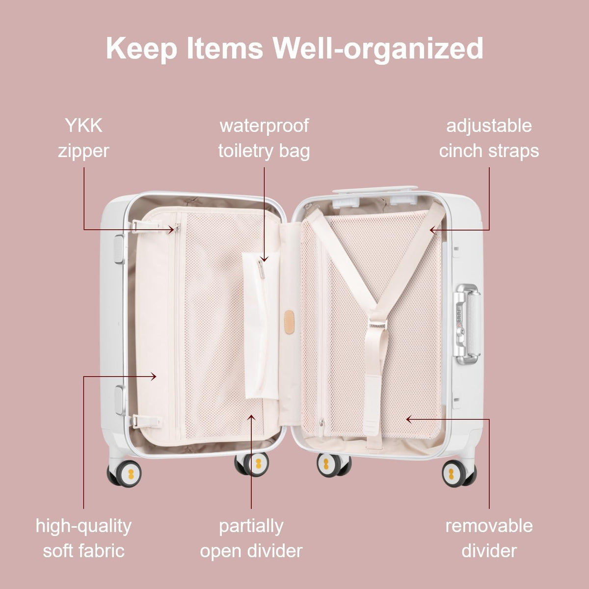 Zipperless Carry on Luggage with Aluminum Frame,20",Off White