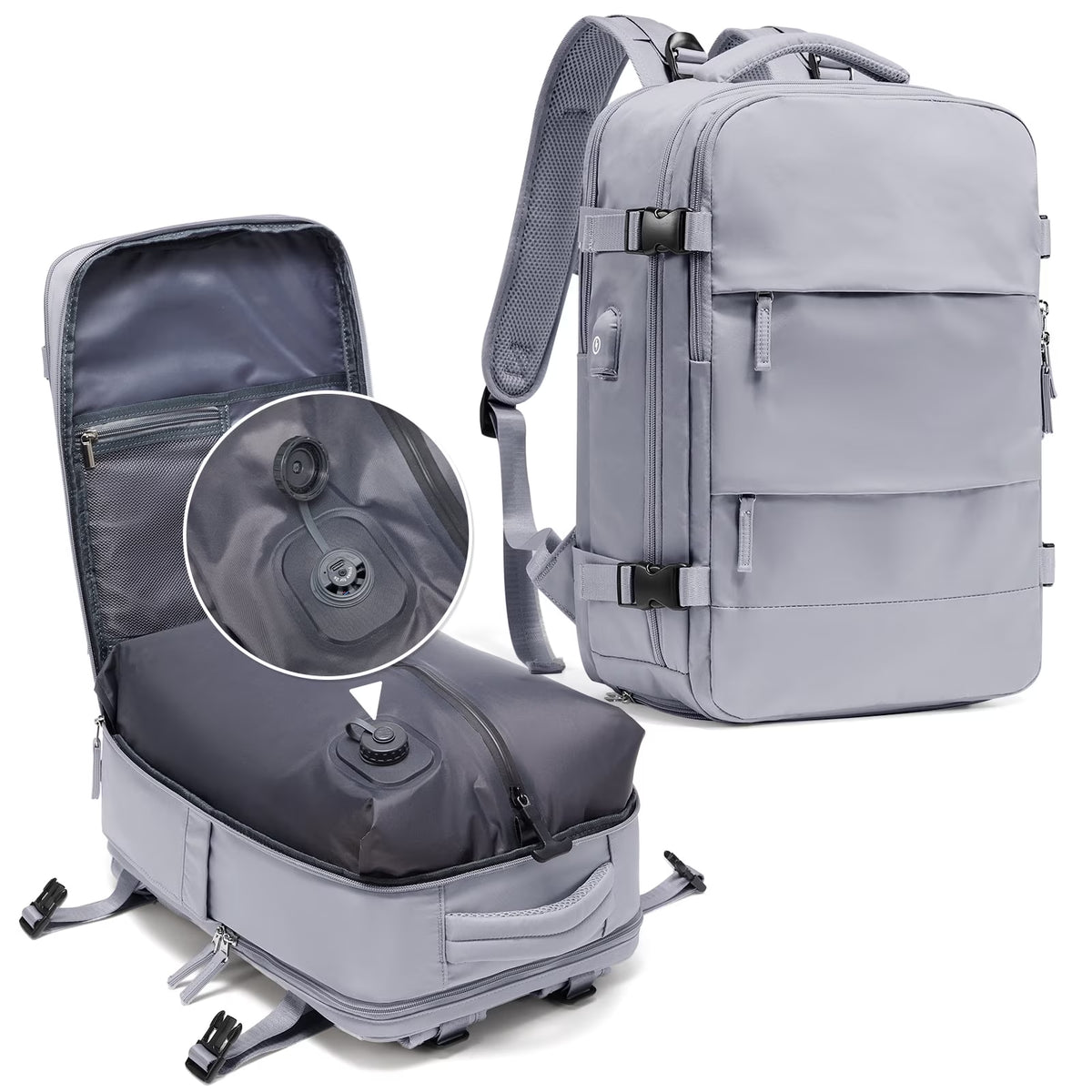 Vacuum Travel Backpack for Men Women, Large Capacity Airline Approved Carry-On Backpack Features USB Charging Port, Waterproof Rucksack Fits 16 Inch Laptop, for Traveling Business, Gray