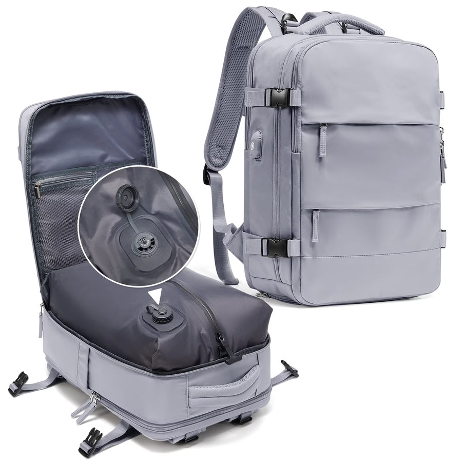 Vacuum Travel Backpack for Men Women, Large Capacity Airline Approved Carry-On Backpack Features USB Charging Port, Waterproof Rucksack Fits 16 Inch Laptop, for Traveling Business, Gray