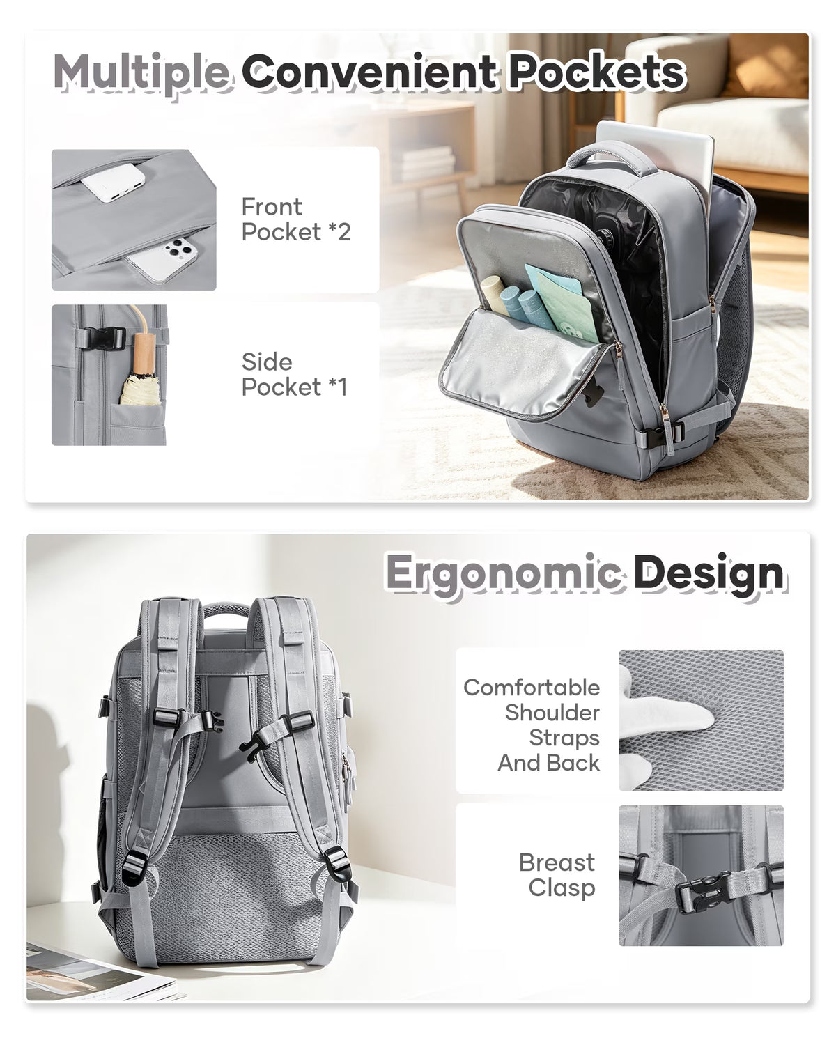 Vacuum Travel Backpack for Men Women, Large Capacity Airline Approved Carry-On Backpack Features USB Charging Port, Waterproof Rucksack Fits 16 Inch Laptop, for Traveling Business, Gray