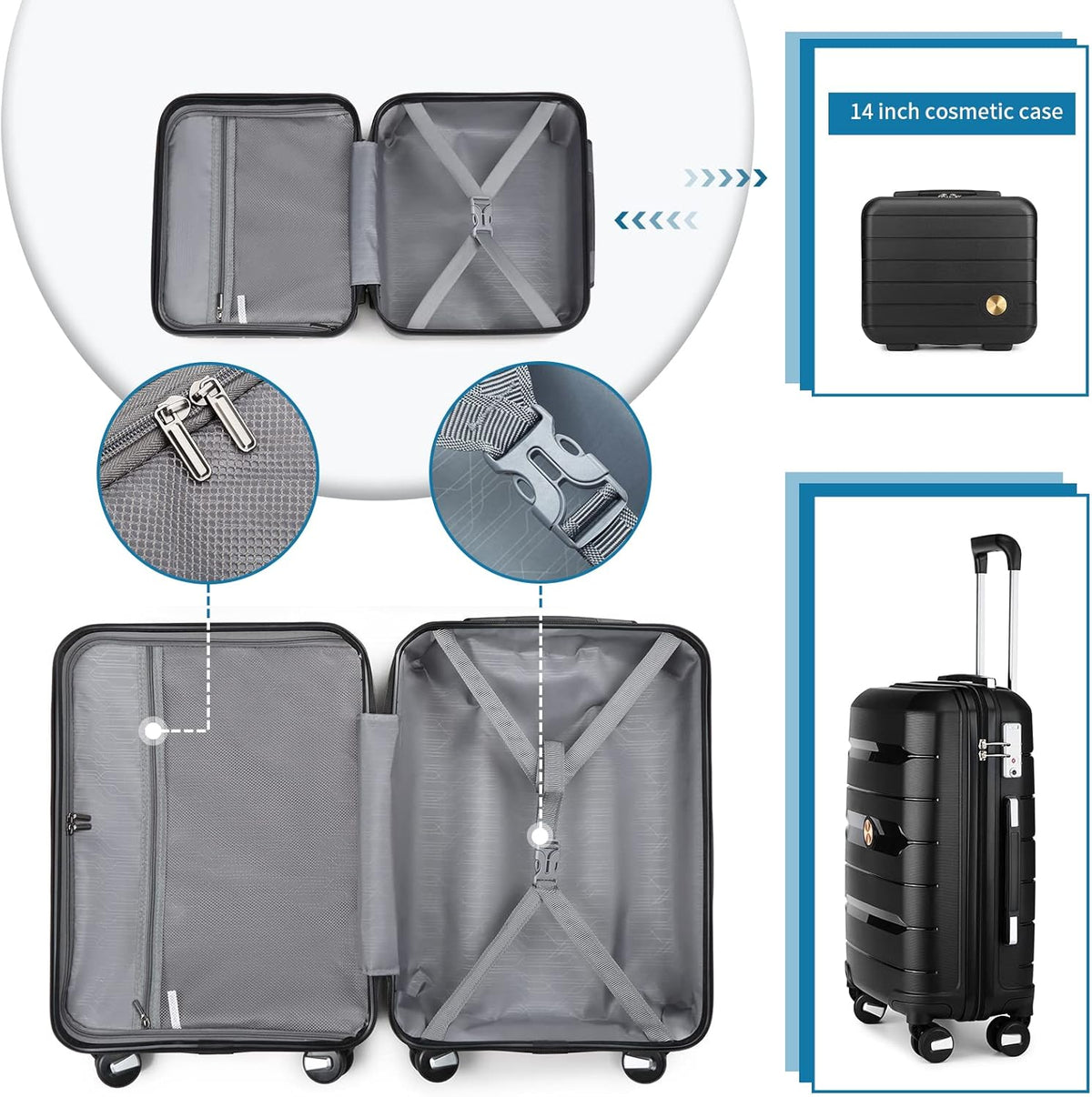 20" Carry on Luggage and 14" Cosmetic Case Set, PP Hardside, Black