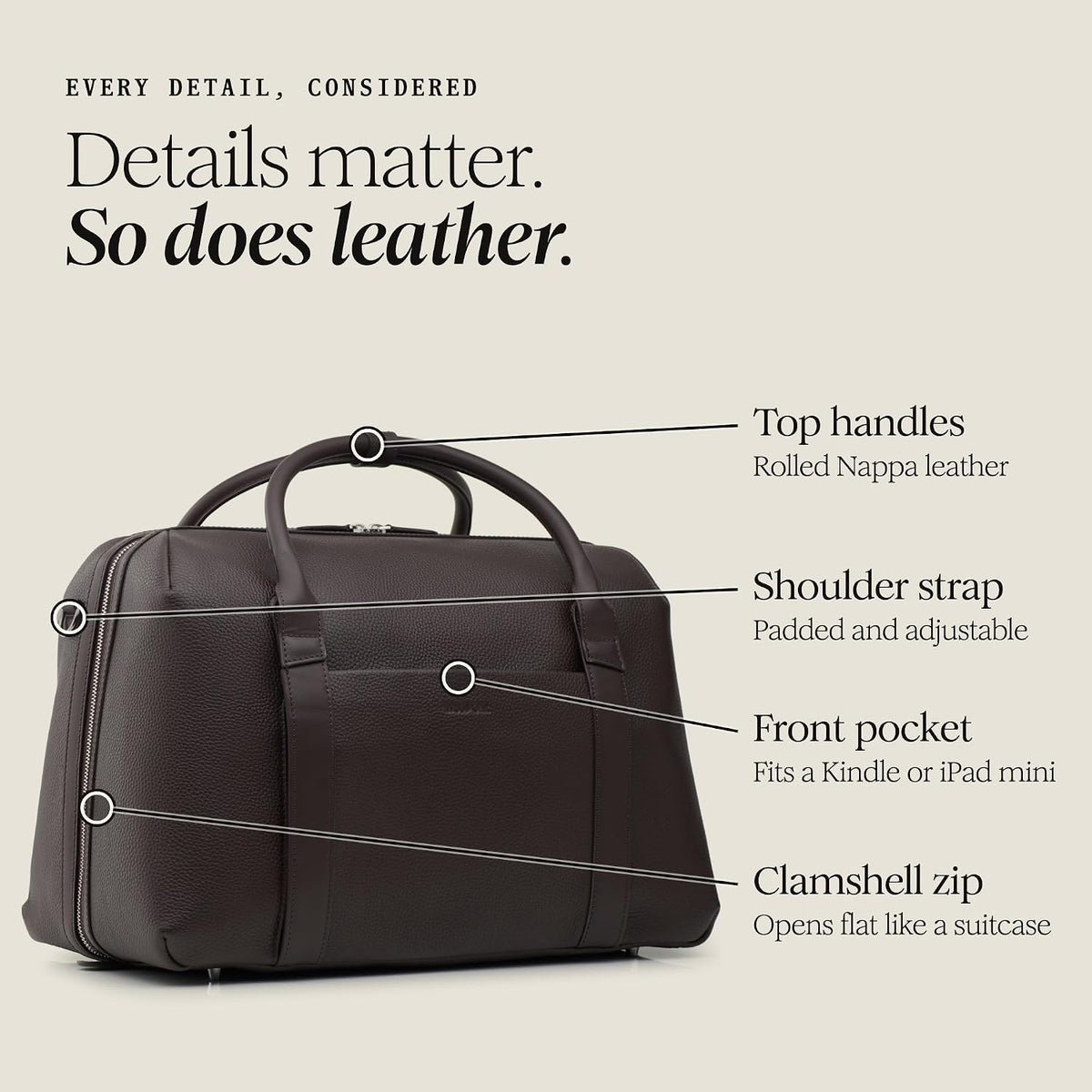 Duffle Suitcase - Carry-On Size - Pebble Leather, Chocolate