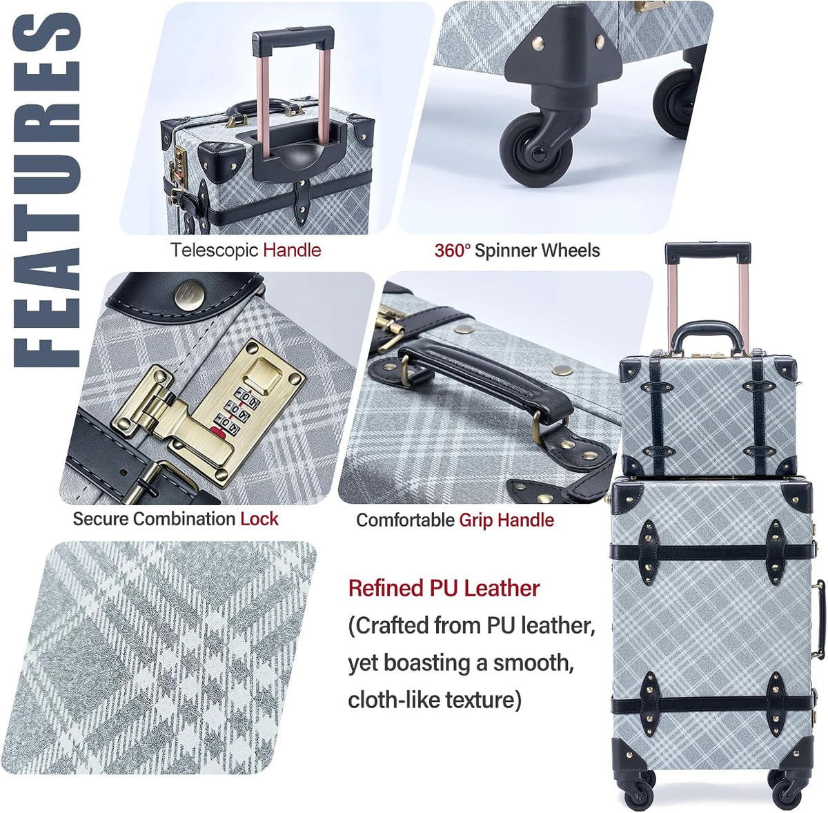 2-Piece Vintage Luggage Set, 26" PU Leather Retro Suitcase with Cosmetic Handbag for Weekend Trips Getaways (26"+12", Grey Plaid)