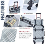 2-Piece Vintage Luggage Set, 26" PU Leather Retro Suitcase with Cosmetic Handbag for Weekend Trips Getaways (26"+12", Grey Plaid)