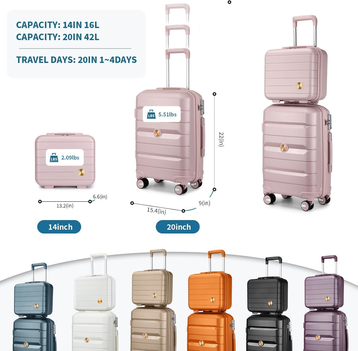 20" Carry on Luggage and 14" Cosmetic Case Set, PP Hardside, Pink
