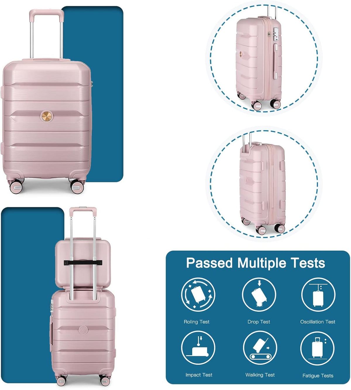 20" Carry on Luggage and 14" Cosmetic Case Set, PP Hardside, Pink