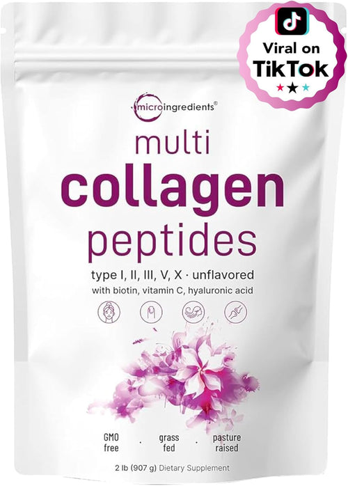 Multi Colágeno Proteína en Polvo, 2 libras – Tipo I, II, III, V, X con Biotina, Ácido Hialurónico, Vitamina C