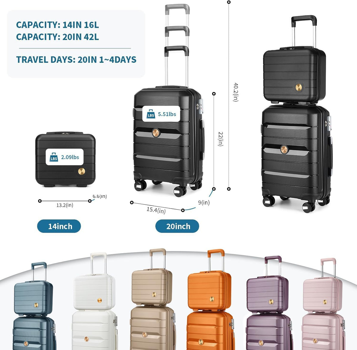 20" Carry on Luggage and 14" Cosmetic Case Set, PP Hardside, Black