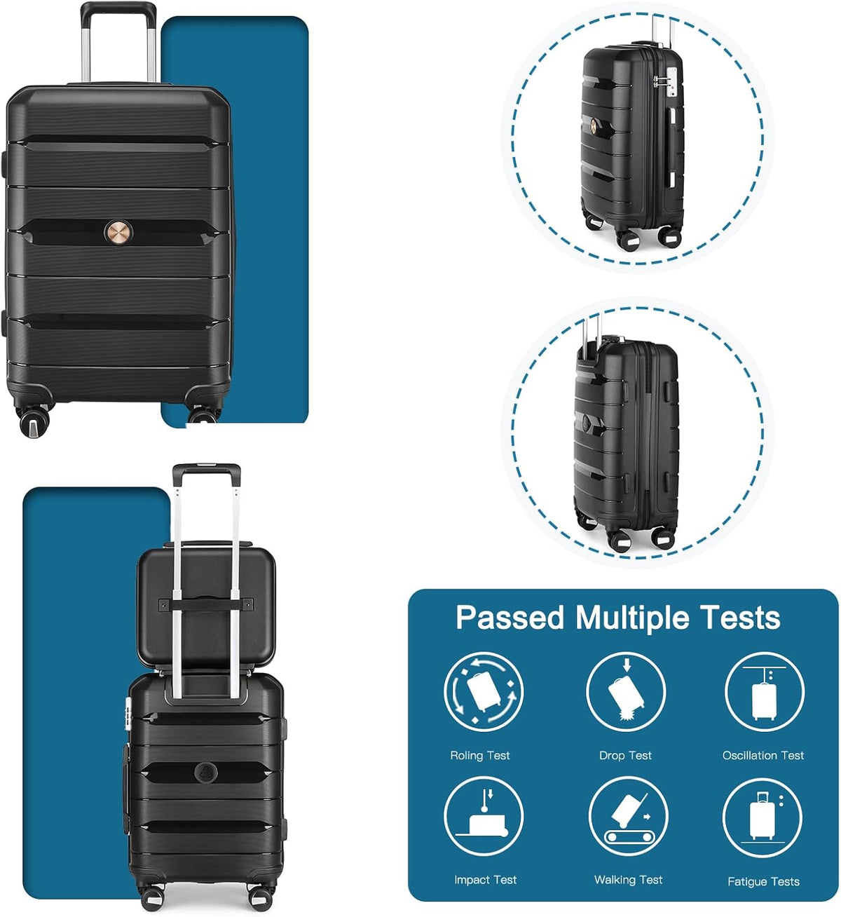 20" Carry on Luggage and 14" Cosmetic Case Set, PP Hardside, Black