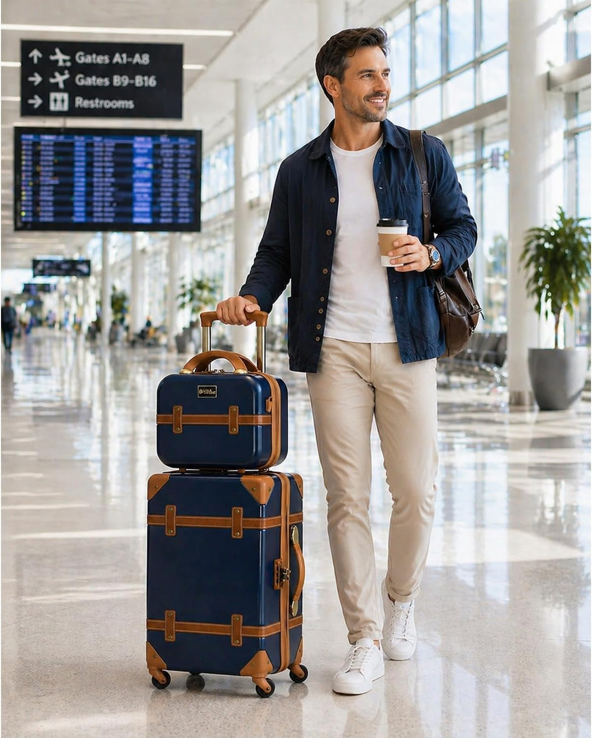 Gatsby Vintage Style 2-Piece Hardside Carry-On Retro Train Case Spinner Luggage Set - Navy