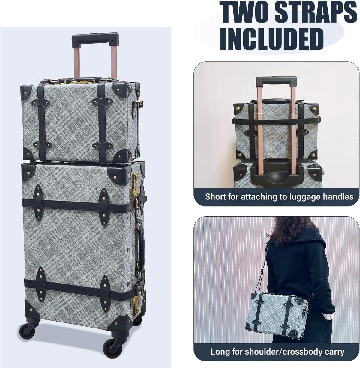 2-Piece Vintage Luggage Set, 26" PU Leather Retro Suitcase with Cosmetic Handbag for Weekend Trips Getaways (26"+12", Grey Plaid)