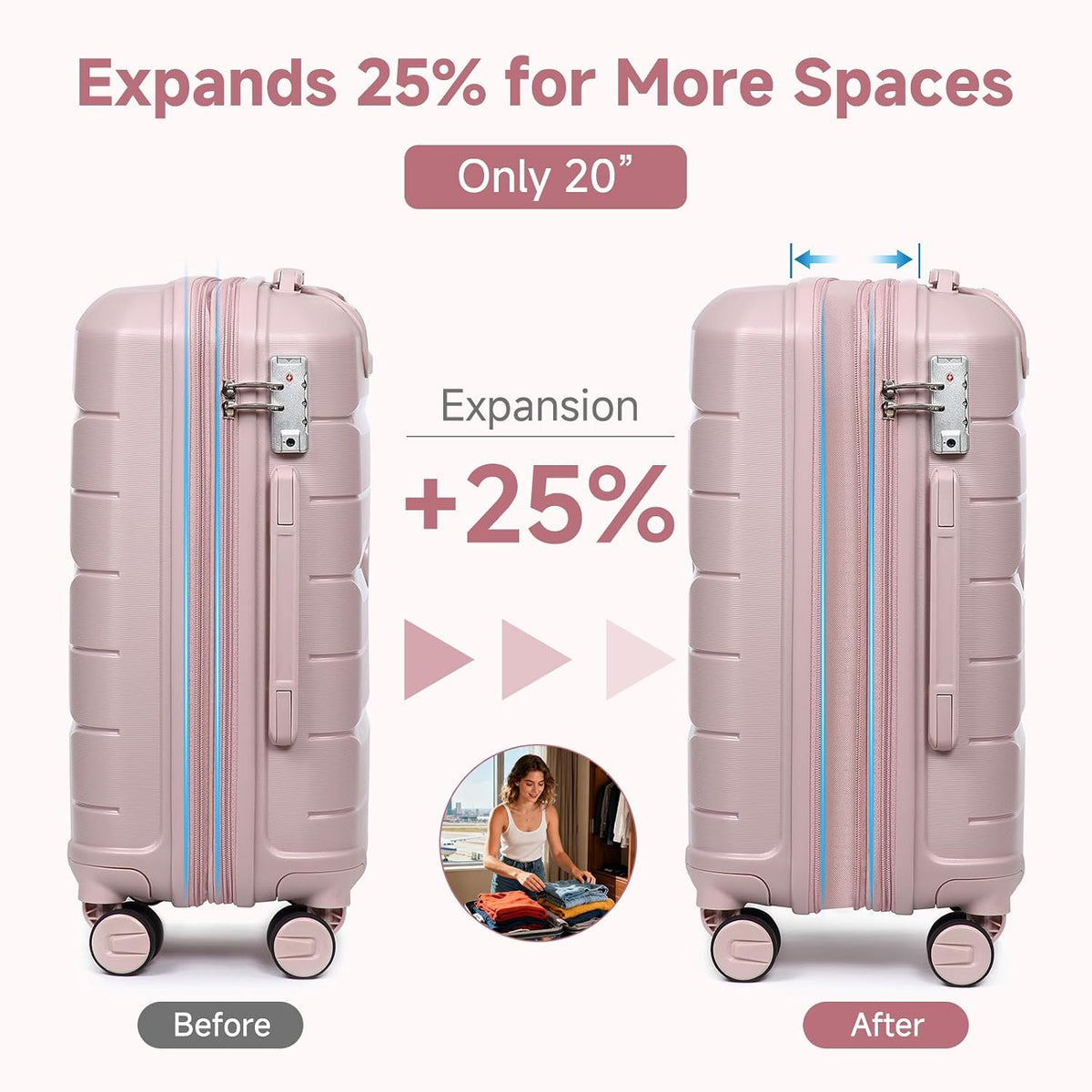 20" Carry on Luggage and 14" Cosmetic Case Set, PP Hardside, Pink