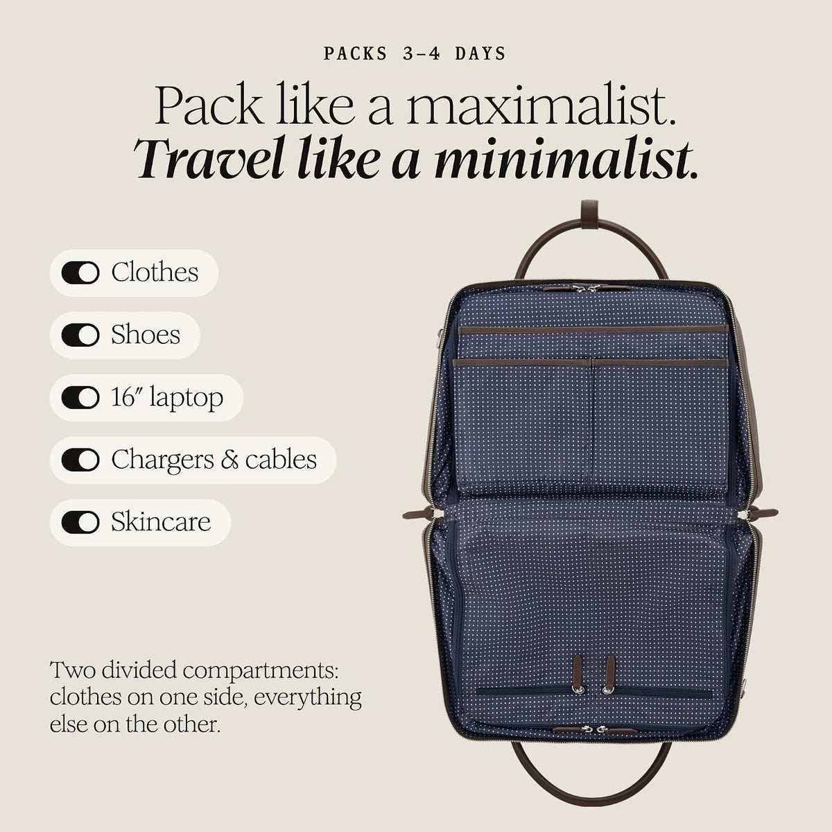 Duffle Suitcase - Carry-On Size - Pebble Leather, Chocolate