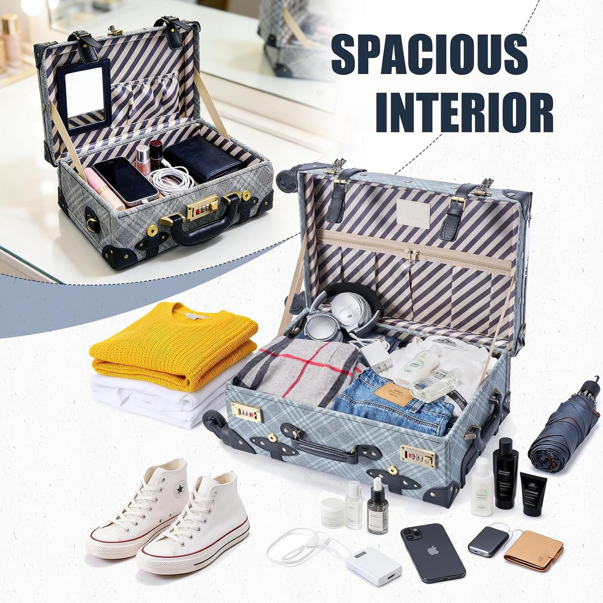 2-Piece Vintage Luggage Set, 26" PU Leather Retro Suitcase with Cosmetic Handbag for Weekend Trips Getaways (26"+12", Grey Plaid)