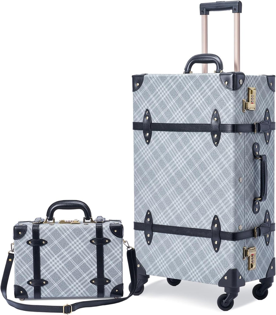 2-Piece Vintage Luggage Set, 26" PU Leather Retro Suitcase with Cosmetic Handbag for Weekend Trips Getaways (26"+12", Grey Plaid)