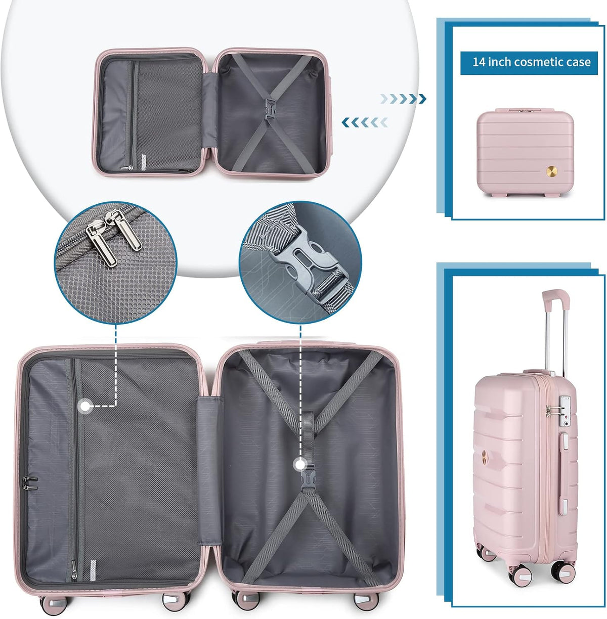 20" Carry on Luggage and 14" Cosmetic Case Set, PP Hardside, Pink