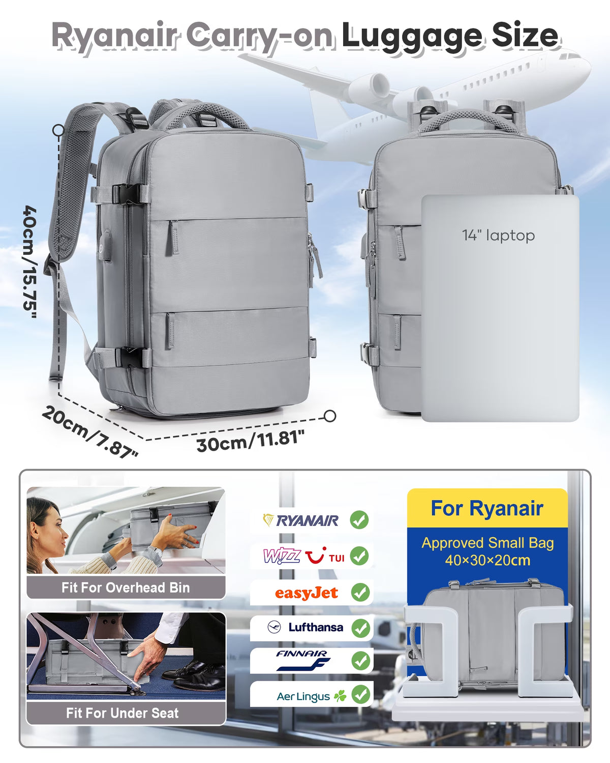 Vacuum Travel Backpack for Men Women, Large Capacity Airline Approved Carry-On Backpack Features USB Charging Port, Waterproof Rucksack Fits 16 Inch Laptop, for Traveling Business, Gray