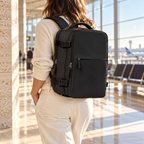 Black compression backpack worn while travelling