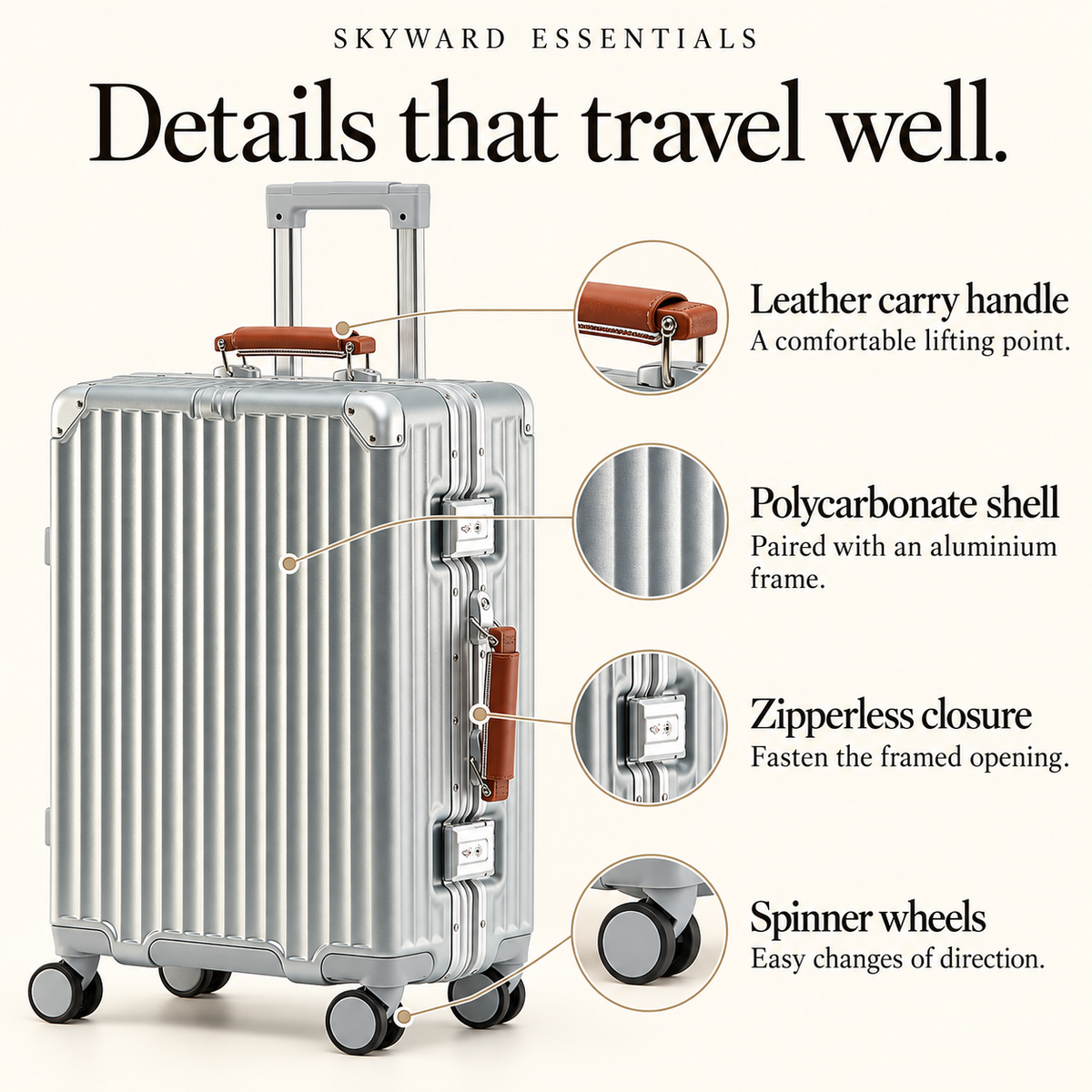 Zipperless Frame Carry-On — Silver — features
