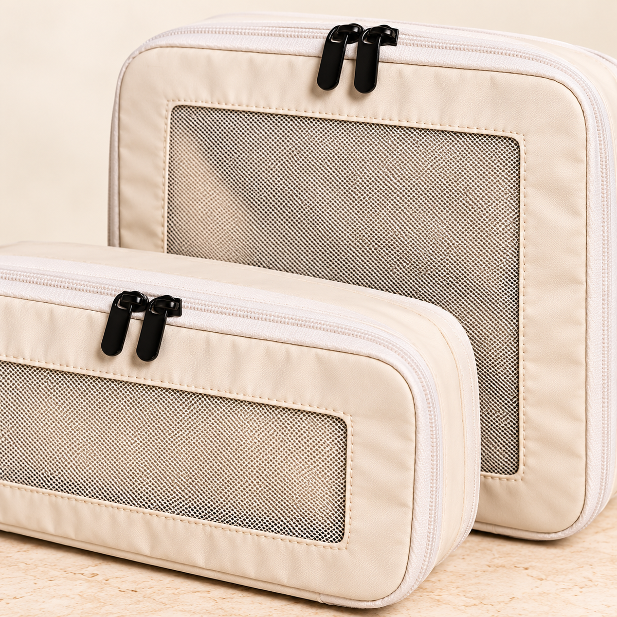 Beige packing cubes — mesh and zipper detail