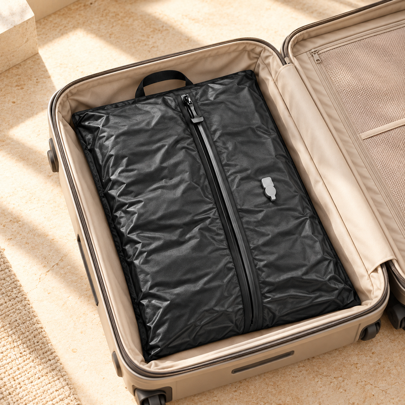 Vacuum packing bag compressed inside a suitcase with a crinkled surface.