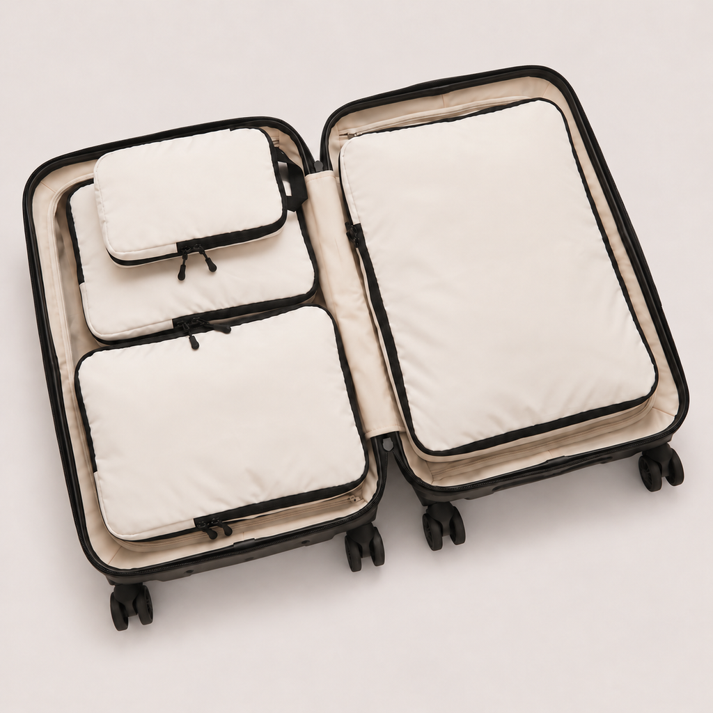 Beige compression packing cubes — colour reference showing four cubes; choose set size separately