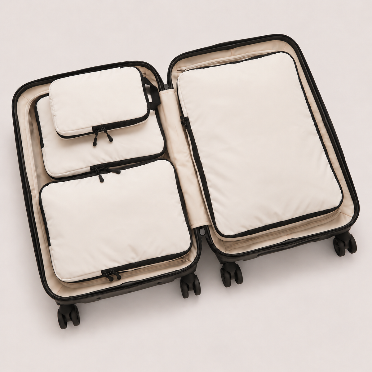 Beige compression packing cubes — colour reference showing four cubes; choose set size separately