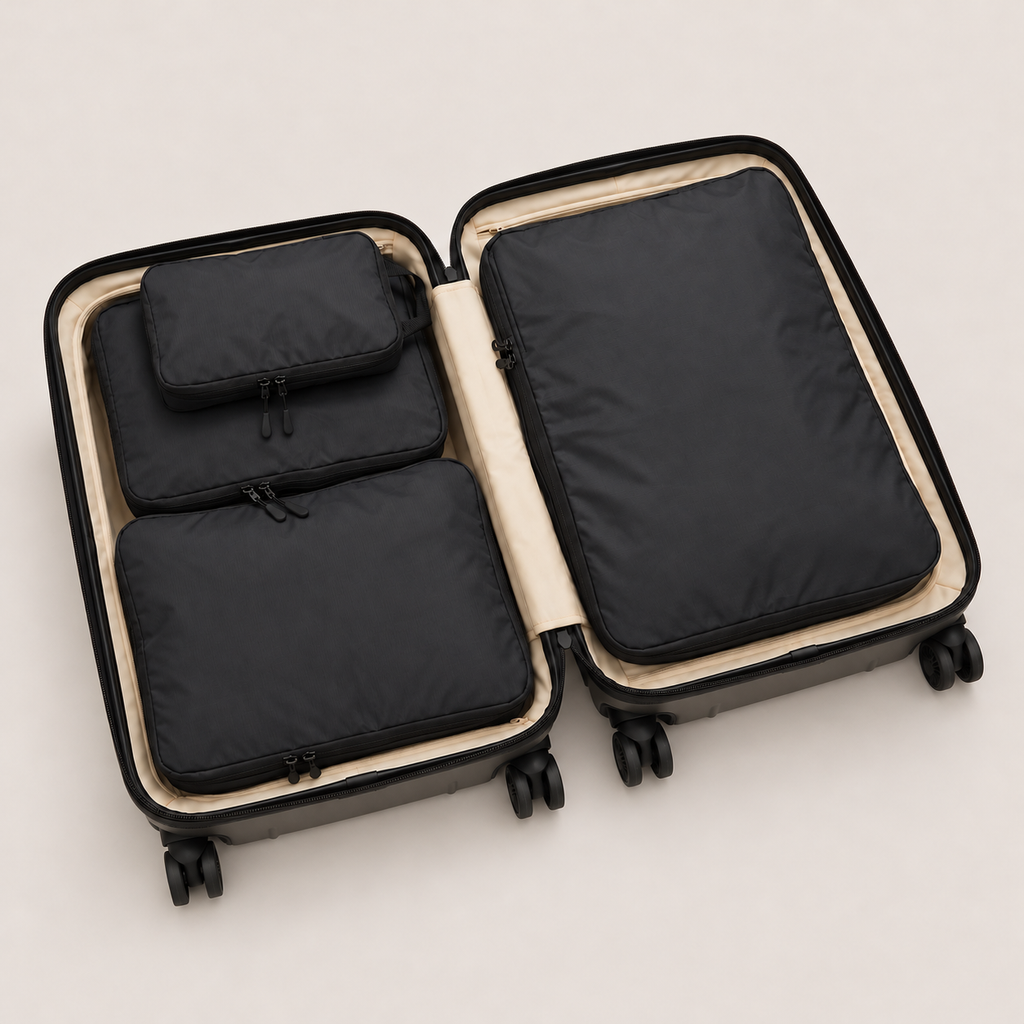 Black compression packing cubes — colour reference showing four cubes; choose set size separately