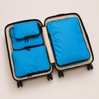 Blue compression packing cubes — colour reference showing four cubes; choose set size separately
