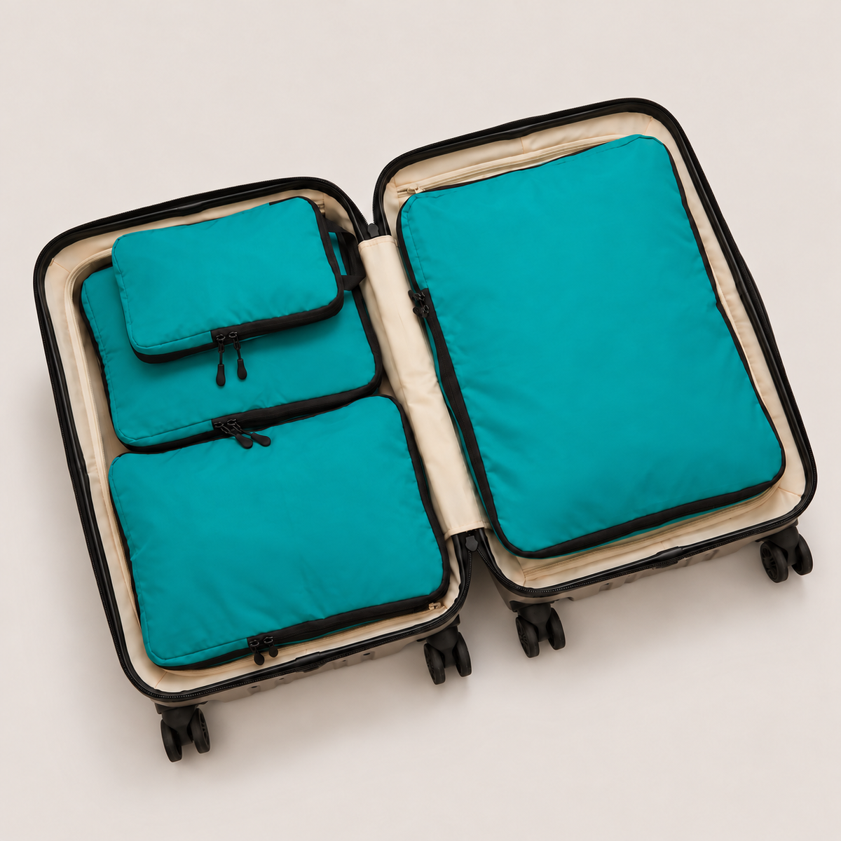 Green compression packing cubes — colour reference showing four cubes; choose set size separately