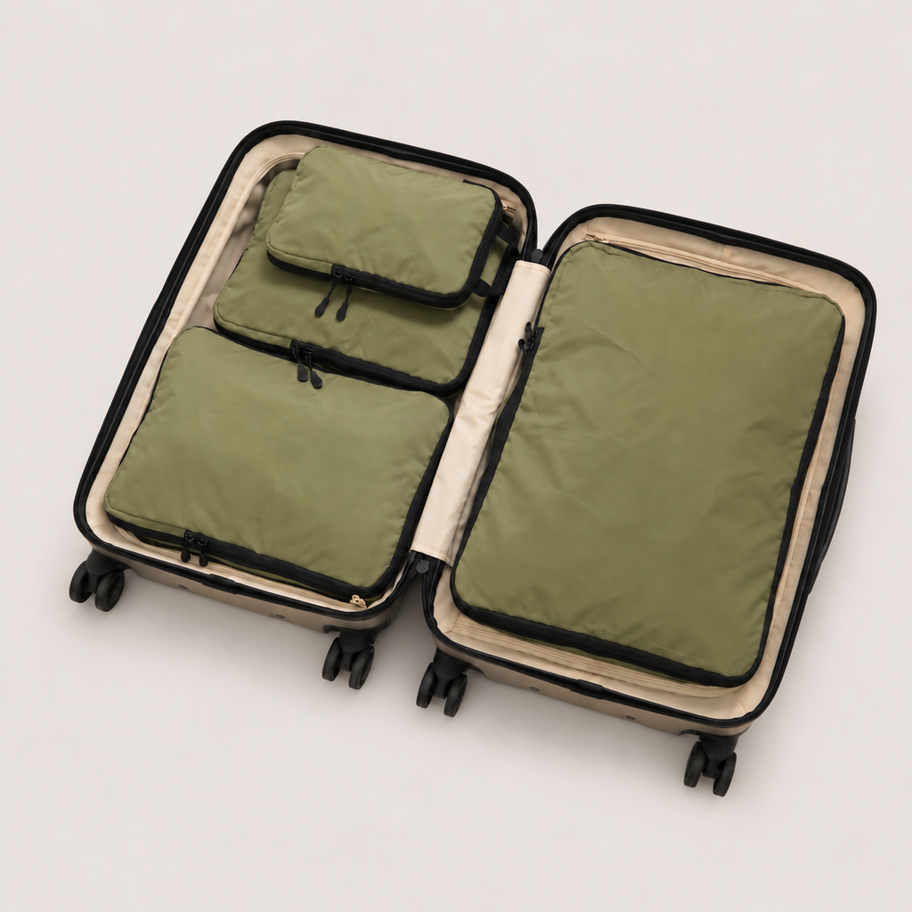 Khaki compression packing cubes — colour reference showing four cubes; choose set size separately