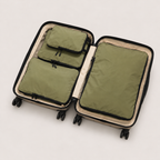 Khaki compression packing cubes — colour reference showing four cubes; choose set size separately
