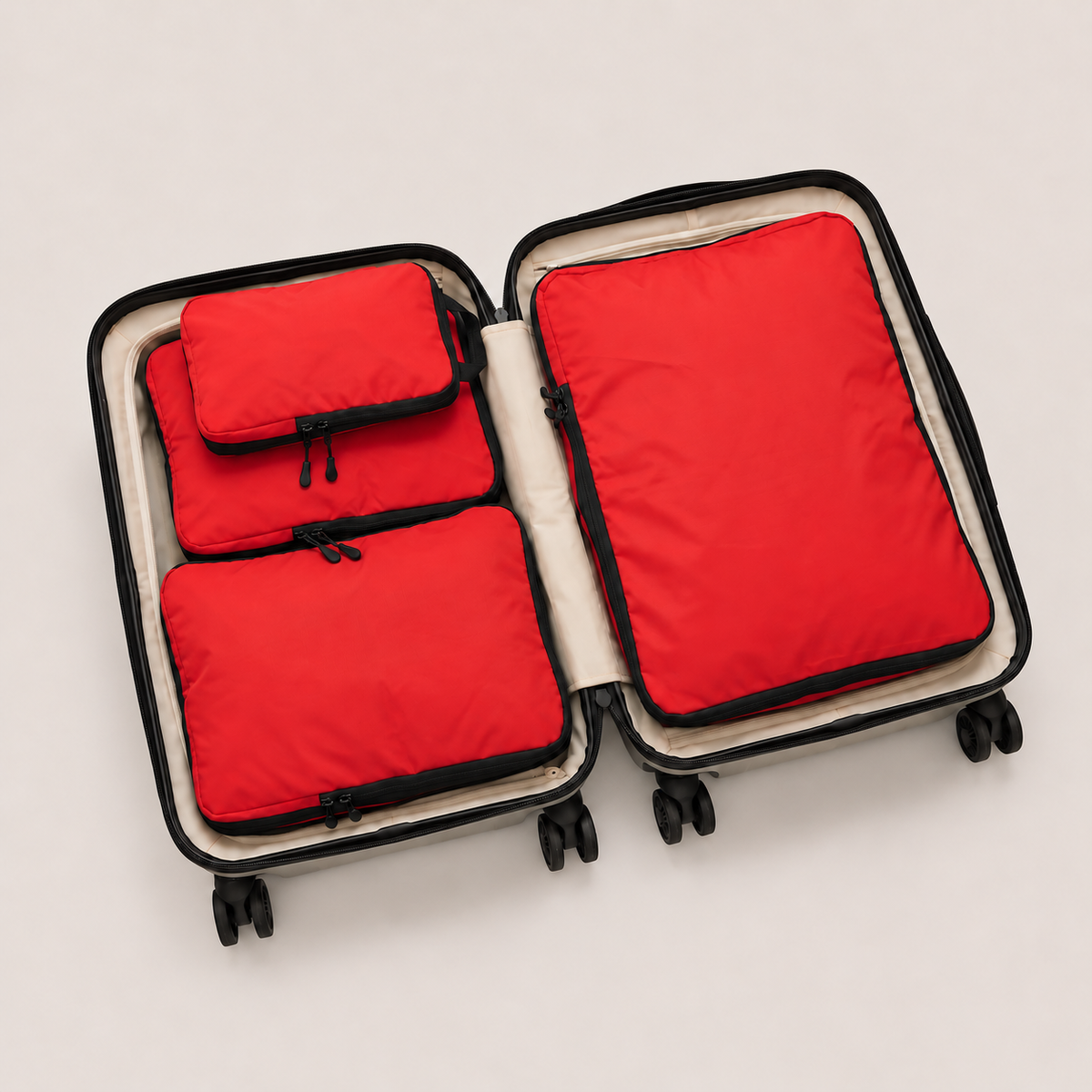 Red compression packing cubes — colour reference showing four cubes; choose set size separately