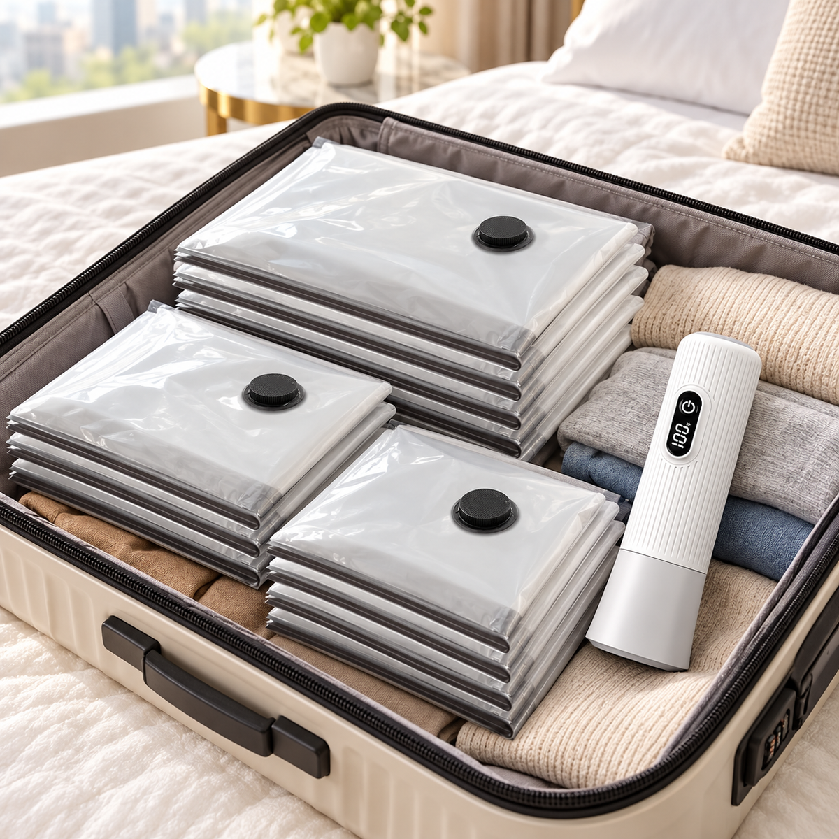 Travel Vacuum Bag Set in a travel setting